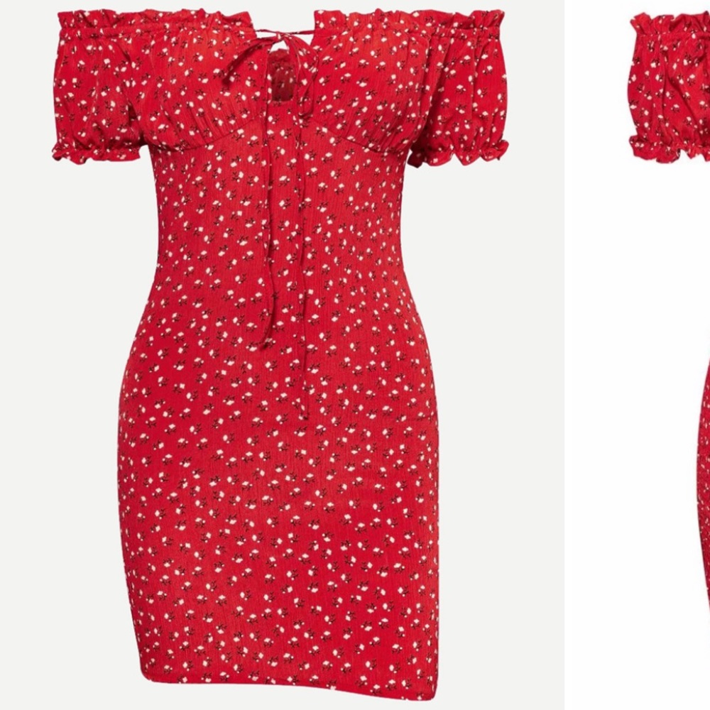 Frill off Shoulder Ditsy Floral Shirred Dress